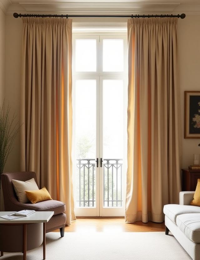 Floor-to-ceiling silk curtains in a Kensington townhouse.