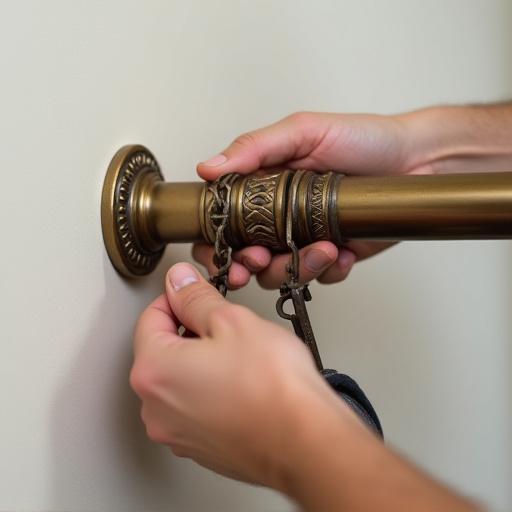 An ornate metal curtain pole being installed.